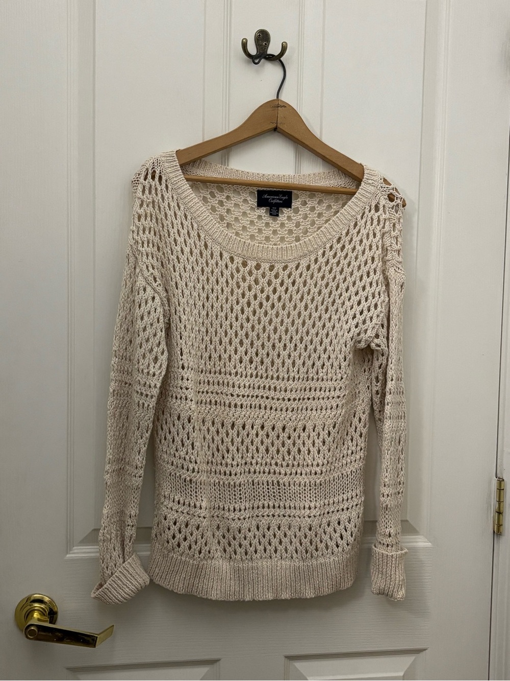 American Eagle Women’s Medium Cream Open-Knit Crochet Sweater Boho Y2K